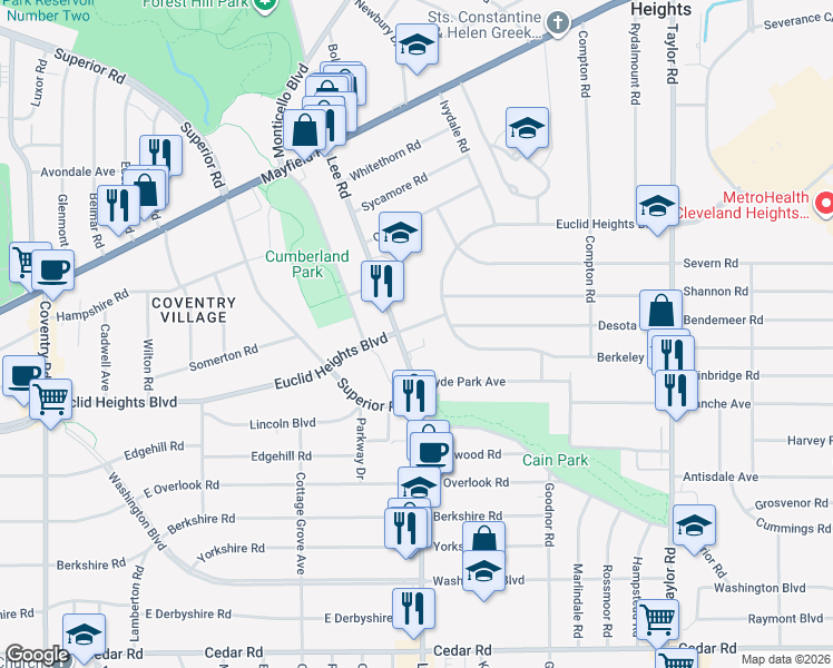 map of restaurants, bars, coffee shops, grocery stores, and more near 3205 Euclid Heights Boulevard in Cleveland Heights