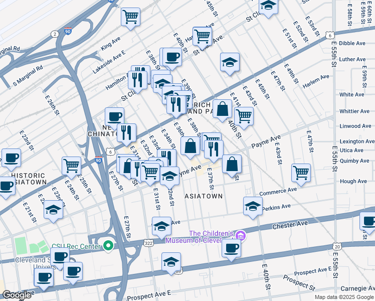 map of restaurants, bars, coffee shops, grocery stores, and more near 1577 East 36th Street in Cleveland