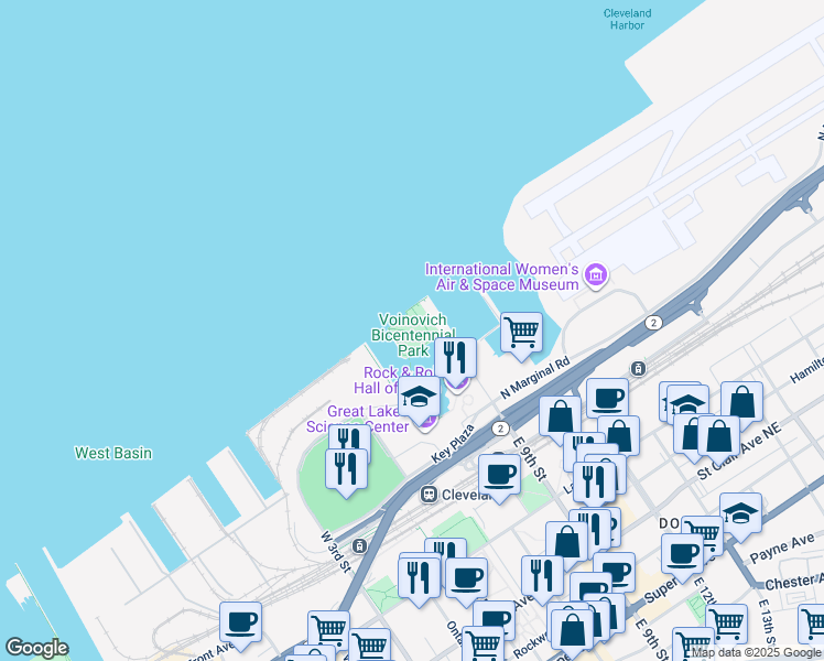 map of restaurants, bars, coffee shops, grocery stores, and more near 800 East 9th Street Pier in Cleveland