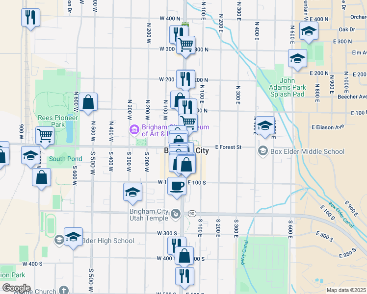 map of restaurants, bars, coffee shops, grocery stores, and more near 1 North Main Street in Brigham City