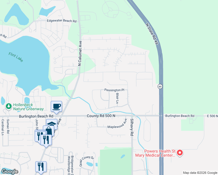 map of restaurants, bars, coffee shops, grocery stores, and more near Pennington Place in Valparaiso