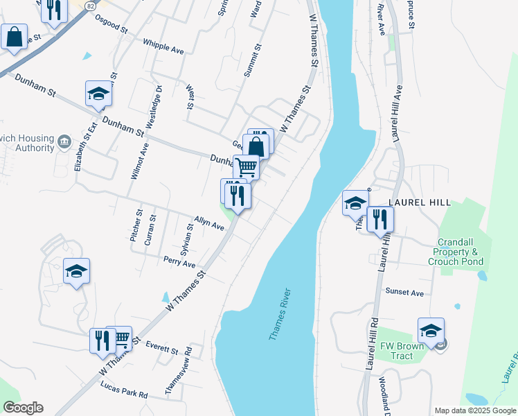 map of restaurants, bars, coffee shops, grocery stores, and more near 244 West Thames Street in Norwich