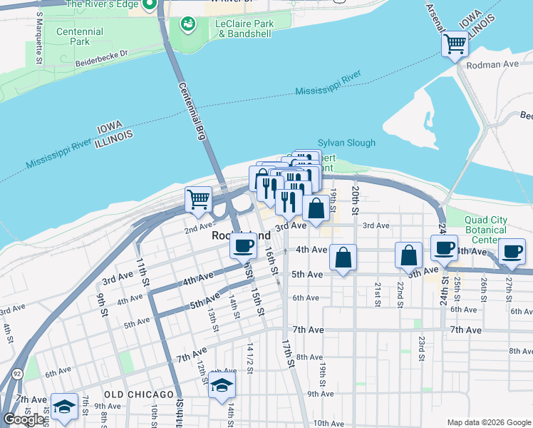 map of restaurants, bars, coffee shops, grocery stores, and more near 1609 2nd Avenue in Rock Island