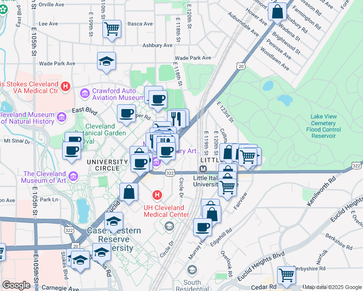 map of restaurants, bars, coffee shops, grocery stores, and more near 11610 Euclid Avenue in Cleveland