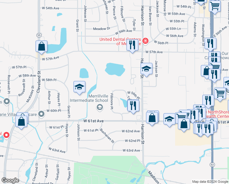 map of restaurants, bars, coffee shops, grocery stores, and more near 1137 West 59th Place in Merrillville