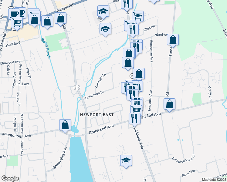 map of restaurants, bars, coffee shops, grocery stores, and more near 116 Goldenrod Drive in Middletown