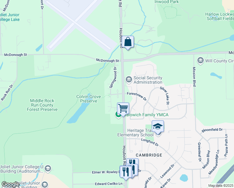 map of restaurants, bars, coffee shops, grocery stores, and more near 3617 Forestview Drive in Joliet