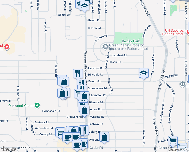 map of restaurants, bars, coffee shops, grocery stores, and more near 4032 Hinsdale Road in South Euclid