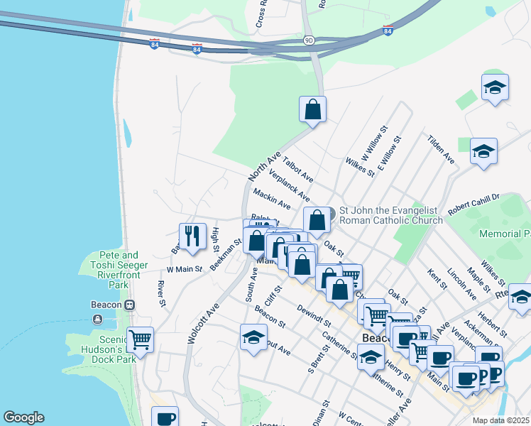 map of restaurants, bars, coffee shops, grocery stores, and more near 7 Mackin Avenue in Beacon
