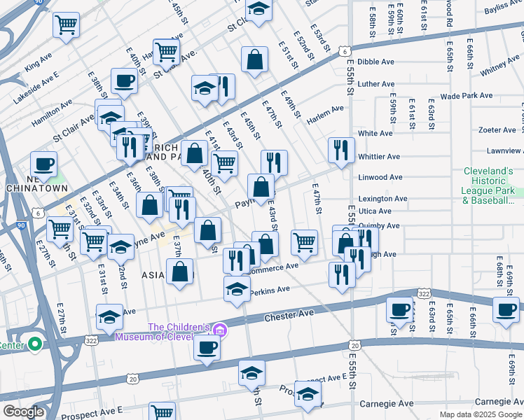 map of restaurants, bars, coffee shops, grocery stores, and more near 4100 Payne Avenue in Cleveland