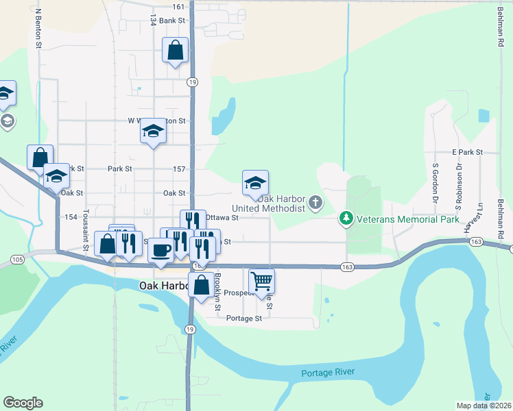 map of restaurants, bars, coffee shops, grocery stores, and more near 220 East Ottawa Street in Oak Harbor