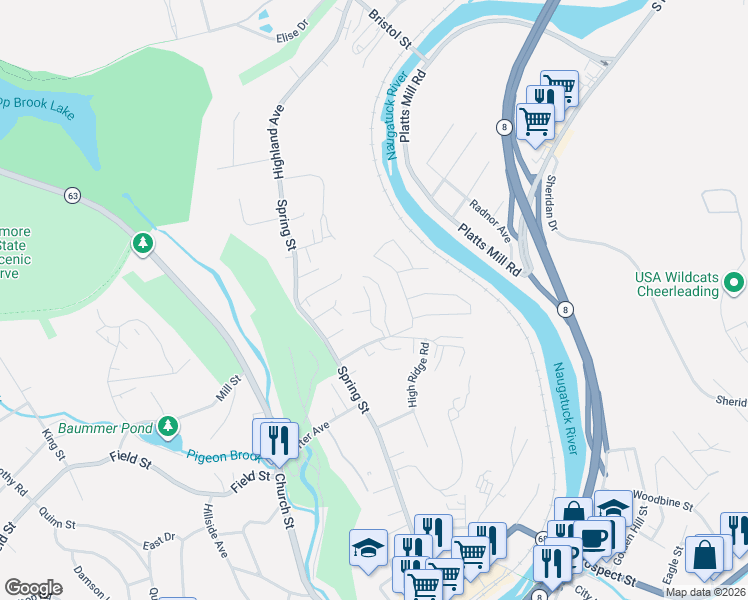 map of restaurants, bars, coffee shops, grocery stores, and more near 12 Thunderbird Drive in Naugatuck