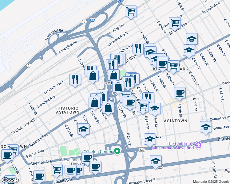 map of restaurants, bars, coffee shops, grocery stores, and more near Superior Ave E in Cleveland