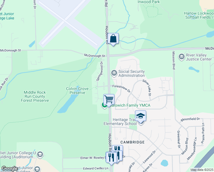 map of restaurants, bars, coffee shops, grocery stores, and more near 3610 Forest View Drive in Joliet