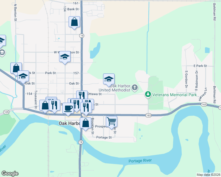 map of restaurants, bars, coffee shops, grocery stores, and more near 220 East Ottawa Street in Oak Harbor