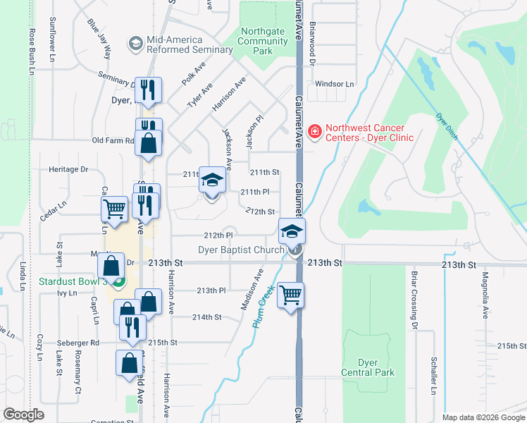 map of restaurants, bars, coffee shops, grocery stores, and more near 212th Street in Dyer