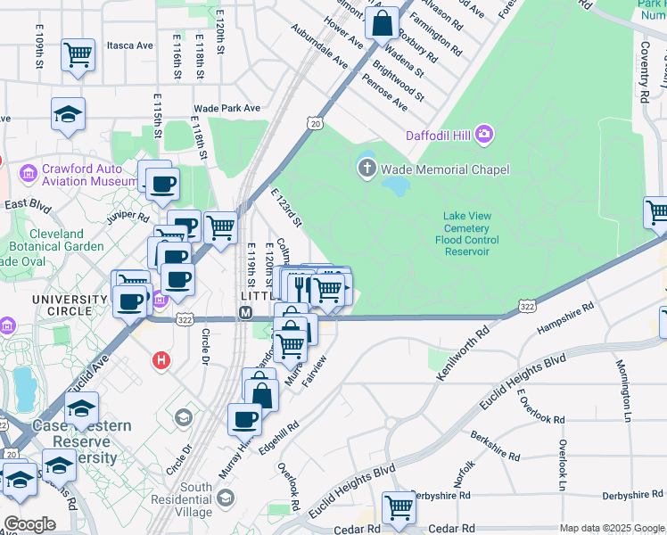 map of restaurants, bars, coffee shops, grocery stores, and more near 1900 East 124th Place in Cleveland
