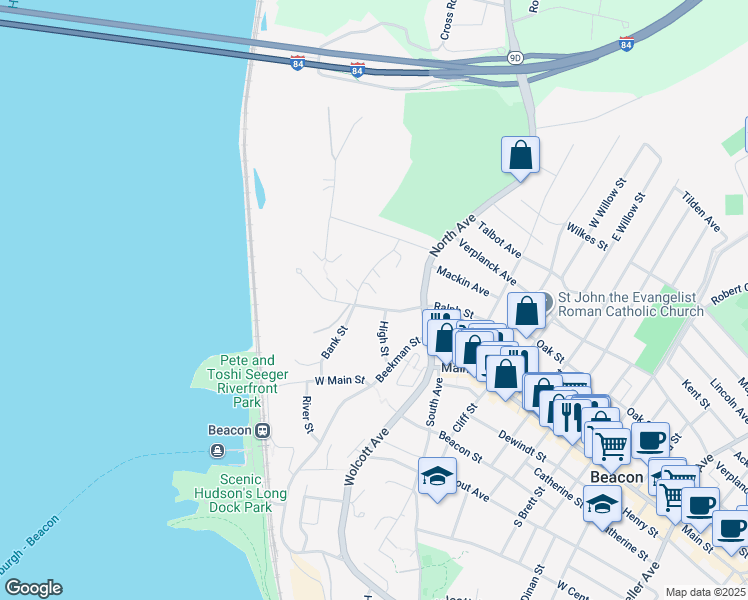 map of restaurants, bars, coffee shops, grocery stores, and more near 8 Colonial Road in Beacon