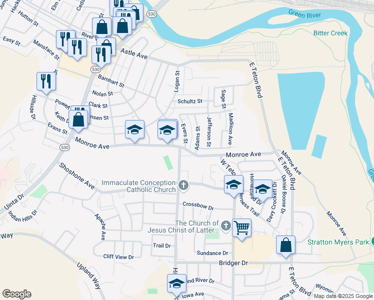 map of restaurants, bars, coffee shops, grocery stores, and more near 680 Adams Street in Green River