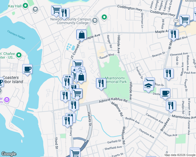map of restaurants, bars, coffee shops, grocery stores, and more near 66 Girard Avenue in Newport
