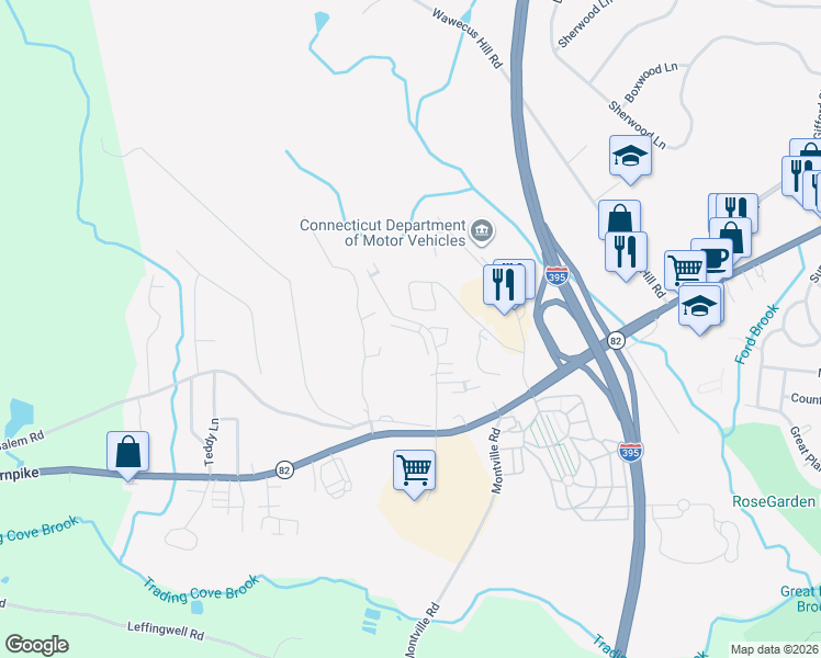 map of restaurants, bars, coffee shops, grocery stores, and more near 117 Briar Lane in Norwich