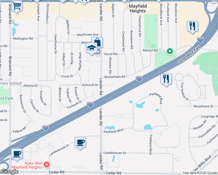 map of restaurants, bars, coffee shops, grocery stores, and more near 6033 Catalano Drive in Mayfield Heights