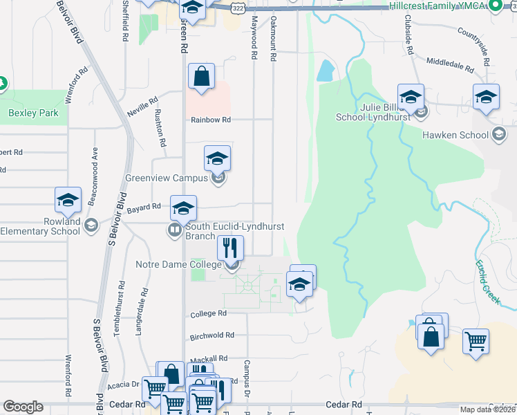 map of restaurants, bars, coffee shops, grocery stores, and more near 1804 Oakmount Road in South Euclid