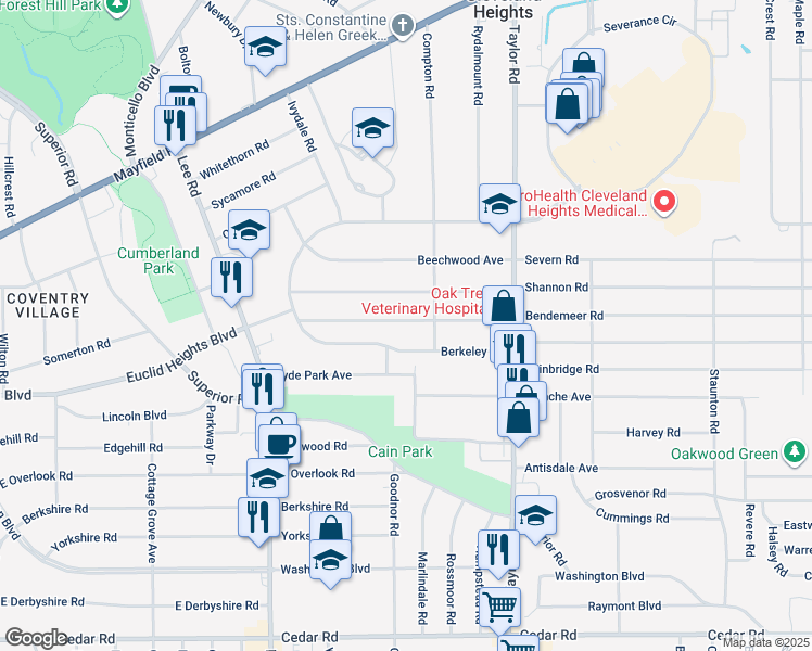 map of restaurants, bars, coffee shops, grocery stores, and more near 3357 Desota Avenue in Cleveland Heights