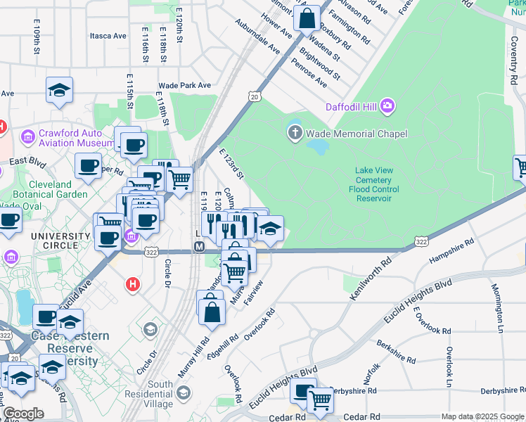 map of restaurants, bars, coffee shops, grocery stores, and more near 1919 East 123rd Street in Cleveland