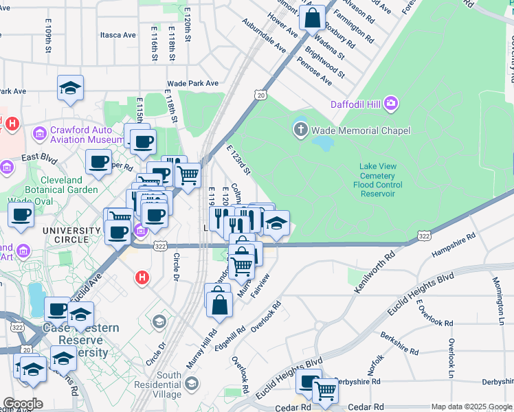map of restaurants, bars, coffee shops, grocery stores, and more near 1919 East 123rd Street in Cleveland