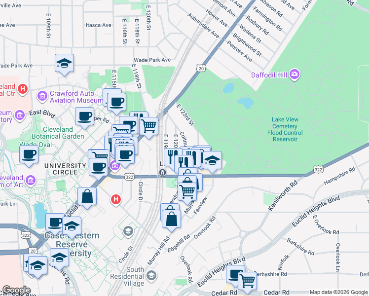 map of restaurants, bars, coffee shops, grocery stores, and more near 1913 Coltman Road in Cleveland