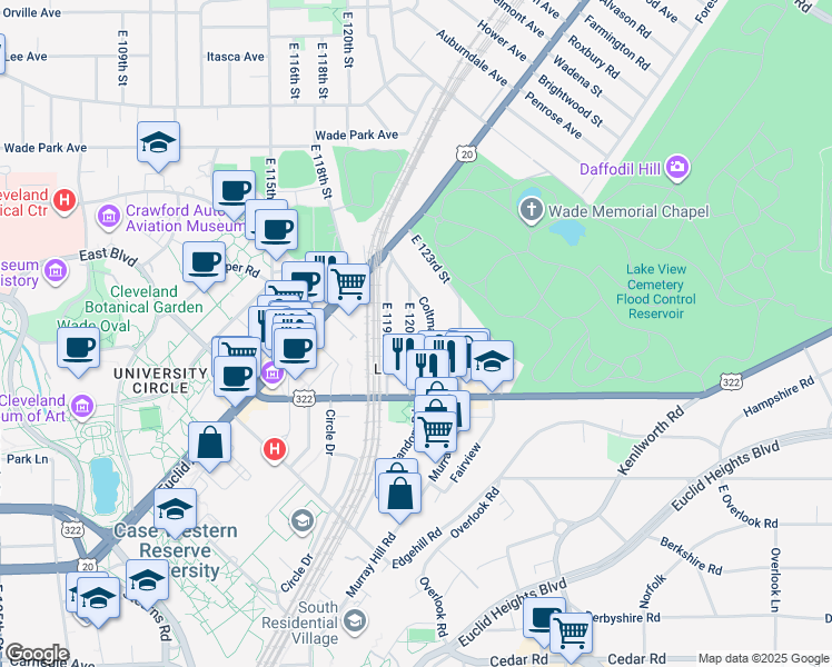 map of restaurants, bars, coffee shops, grocery stores, and more near 1913 Coltman Road in Cleveland