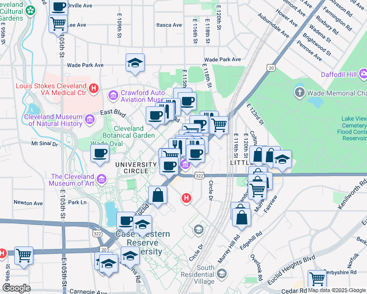 map of restaurants, bars, coffee shops, grocery stores, and more near 1716 East 115th Street in Cleveland