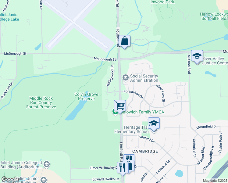 map of restaurants, bars, coffee shops, grocery stores, and more near 3617 Forestview Drive in Joliet