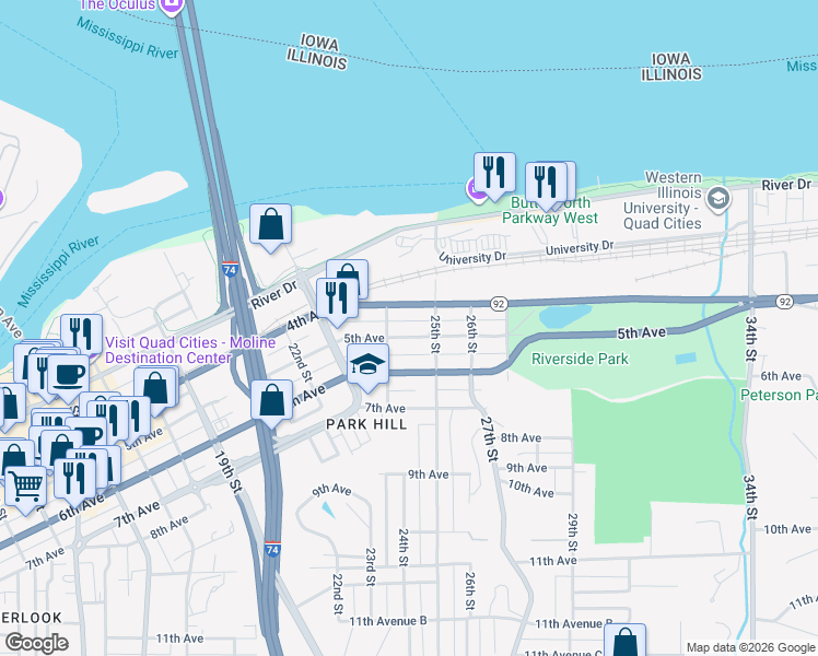 map of restaurants, bars, coffee shops, grocery stores, and more near 2426 4th Avenue in Moline
