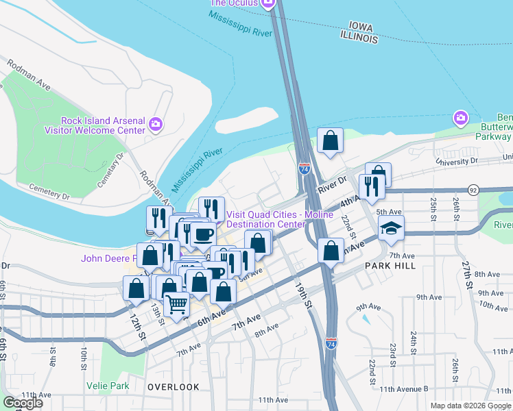map of restaurants, bars, coffee shops, grocery stores, and more near 1850 1st Street in Moline