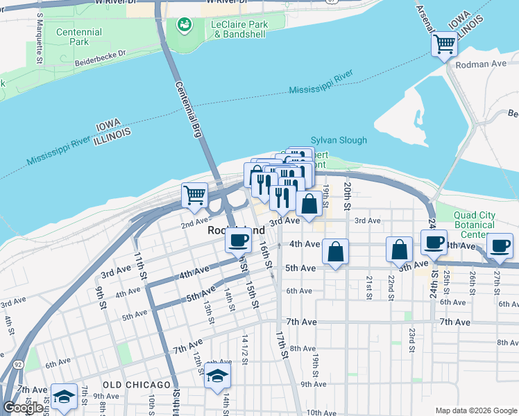 map of restaurants, bars, coffee shops, grocery stores, and more near 1609 2nd Avenue in Rock Island