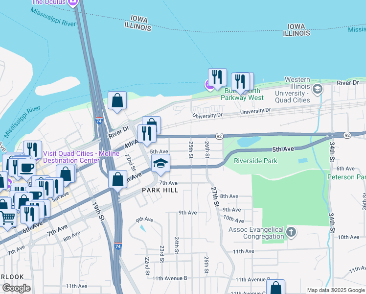 map of restaurants, bars, coffee shops, grocery stores, and more near 2427 5th Avenue in Moline