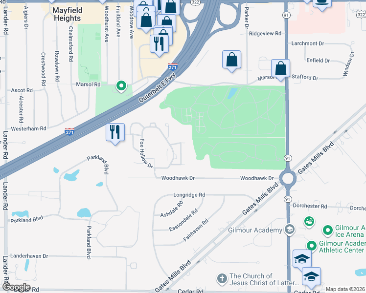 map of restaurants, bars, coffee shops, grocery stores, and more near 435 Eagle Trce in Mayfield Heights