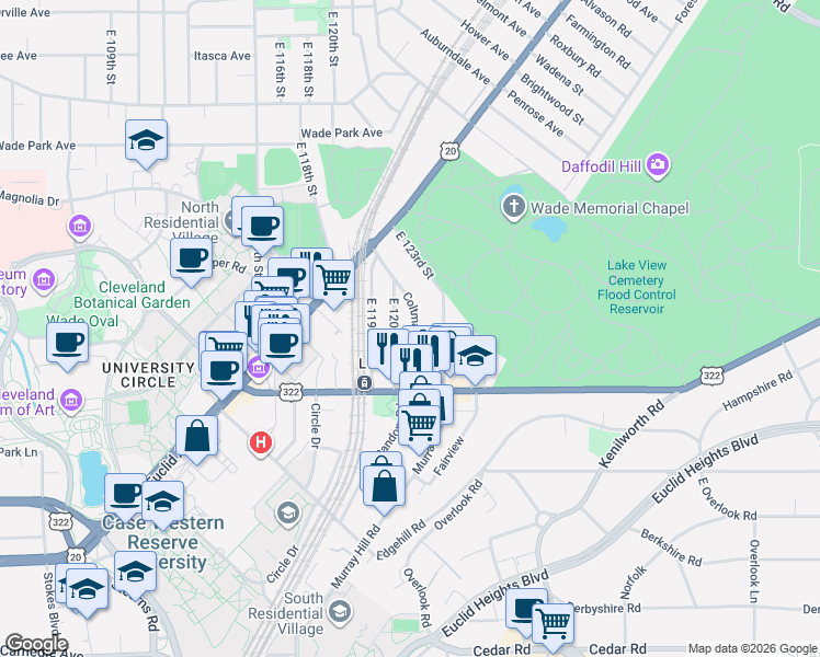 map of restaurants, bars, coffee shops, grocery stores, and more near 1913 Coltman Road in Cleveland