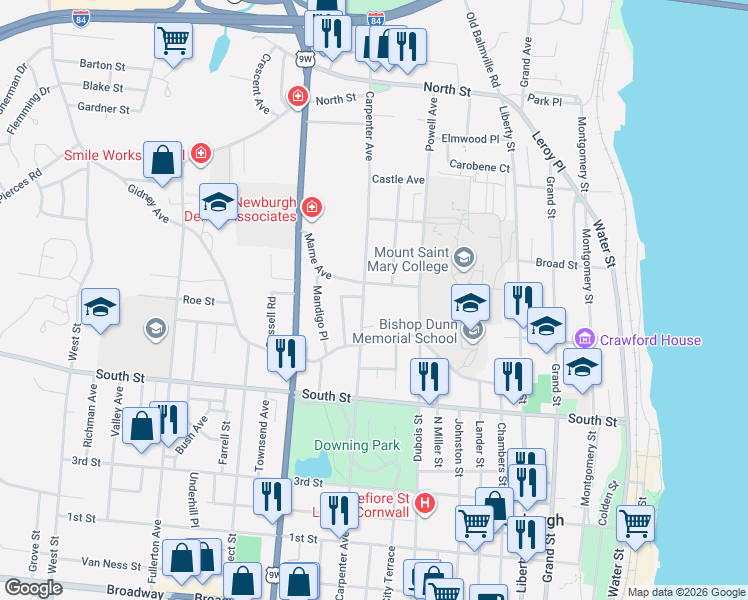 map of restaurants, bars, coffee shops, grocery stores, and more near 277 Carpenter Avenue in Newburgh