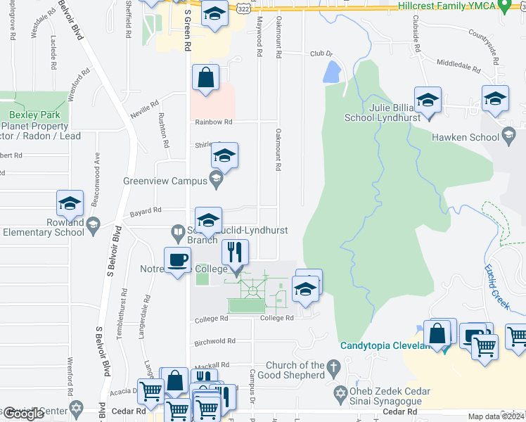 map of restaurants, bars, coffee shops, grocery stores, and more near 1819 Maywood Road in South Euclid