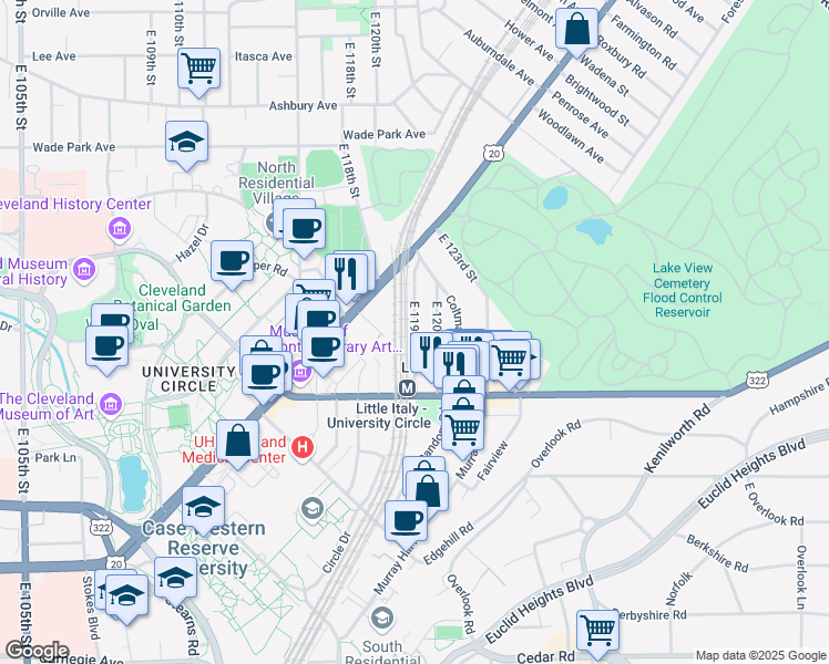 map of restaurants, bars, coffee shops, grocery stores, and more near 1913 East 119th Street in Cleveland