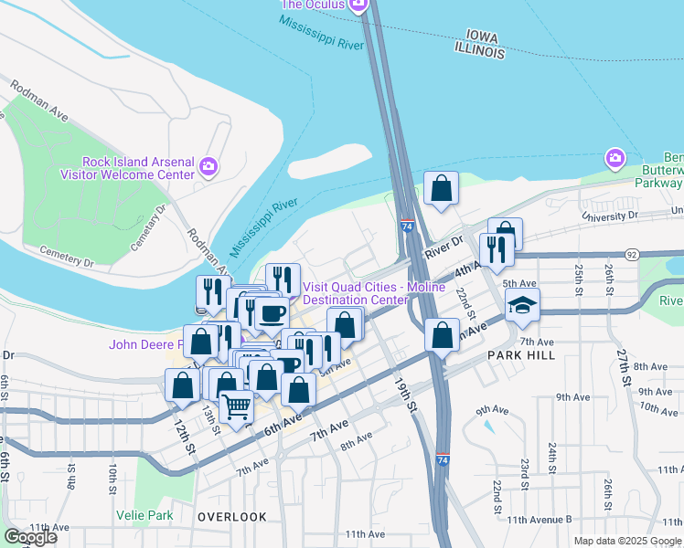 map of restaurants, bars, coffee shops, grocery stores, and more near 1850 1st Street in Moline
