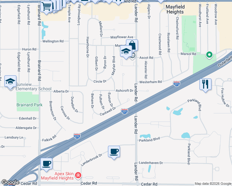 map of restaurants, bars, coffee shops, grocery stores, and more near 5911 Ashcroft Drive in Mayfield Heights