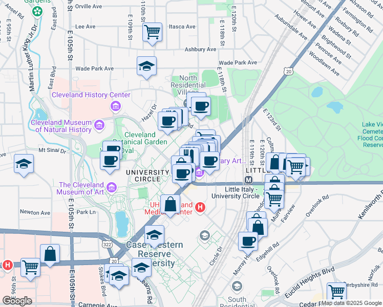 map of restaurants, bars, coffee shops, grocery stores, and more near 11333 Hessler Road in Cleveland