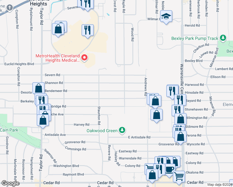 map of restaurants, bars, coffee shops, grocery stores, and more near 3725 Bendemeer Road in Cleveland Heights