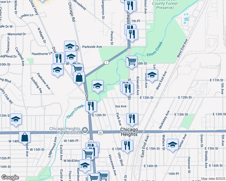 map of restaurants, bars, coffee shops, grocery stores, and more near 1131 Park Avenue in Chicago Heights