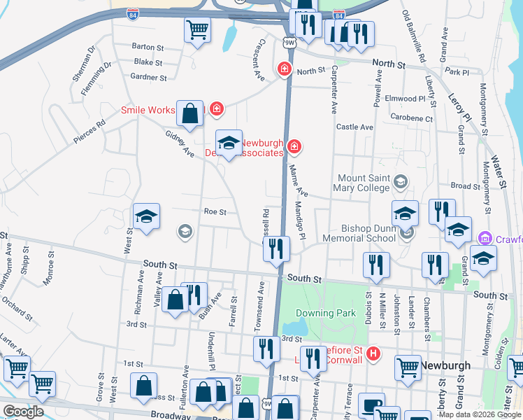 map of restaurants, bars, coffee shops, grocery stores, and more near 26 Pine Street in Newburgh