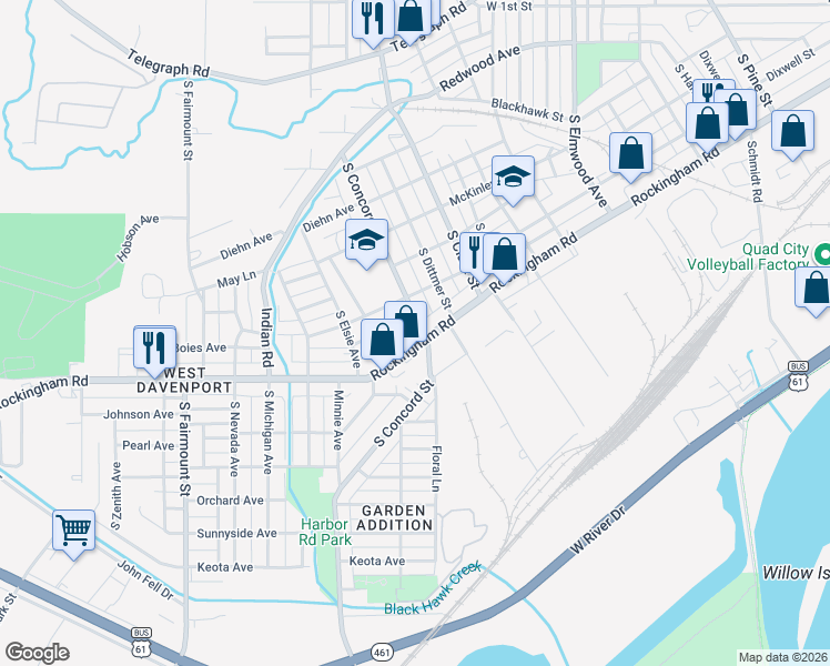 map of restaurants, bars, coffee shops, grocery stores, and more near 821 South Concord Street in Davenport